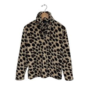 Eddie Bauer Sweater Women's Size XS Beige Leopard Print Teddy Sherpa 1/4 Zip
